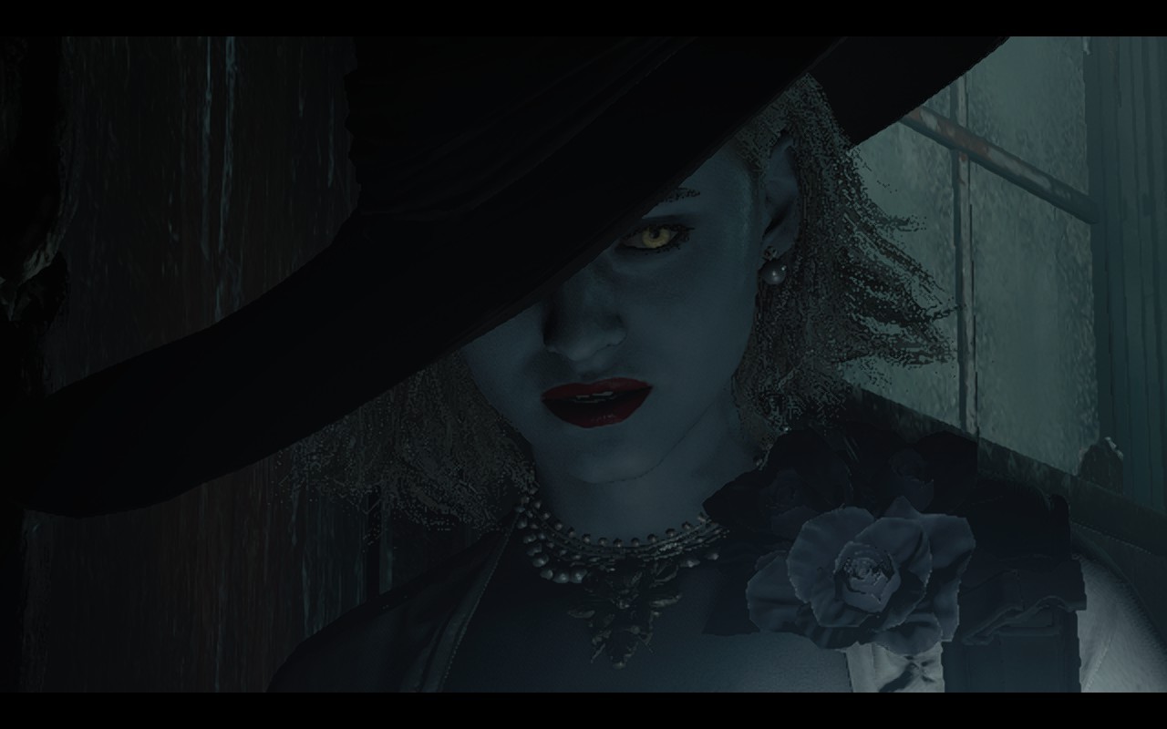 Close up of Grace in Lady Dimitrescu costume. This screenshot is from Resident Evil Requiem.