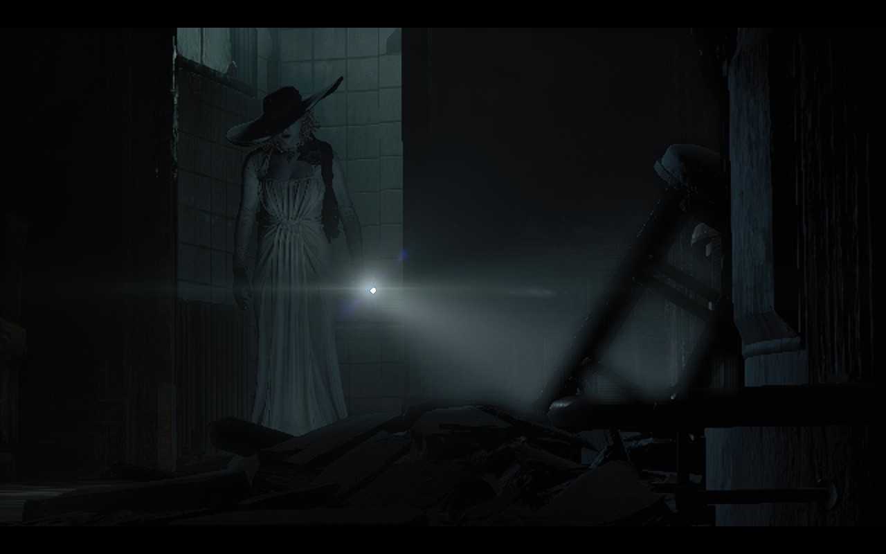 Grace in Lady Dimitrescu costume shining a flashlight in a dim place. This screenshot is from Resident Evil Requiem.